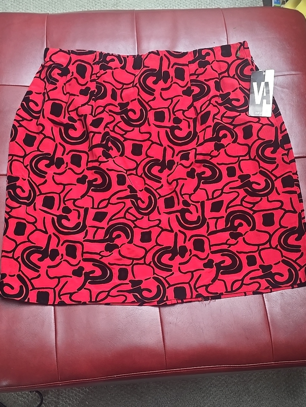 Vintage Red Mini Skirt with Black Abstract Print